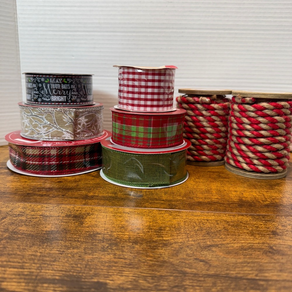 Christmas Ribbon 8 Spools‎ Twine Plaid Gingham Snowflakes Holiday Gift Wrap NEW